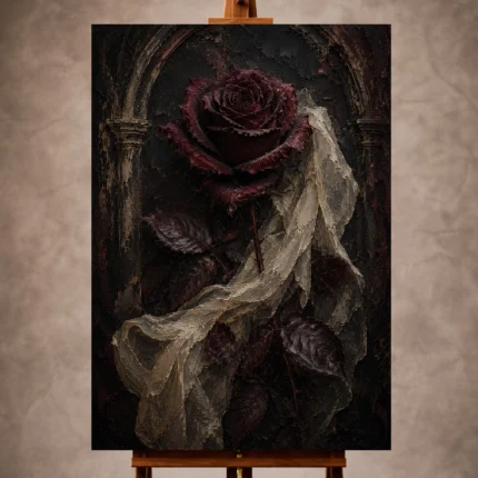 Burgundy and ivory poetic Dark Rose Wall Art print for elegant interiors. No text or watermarks in design.