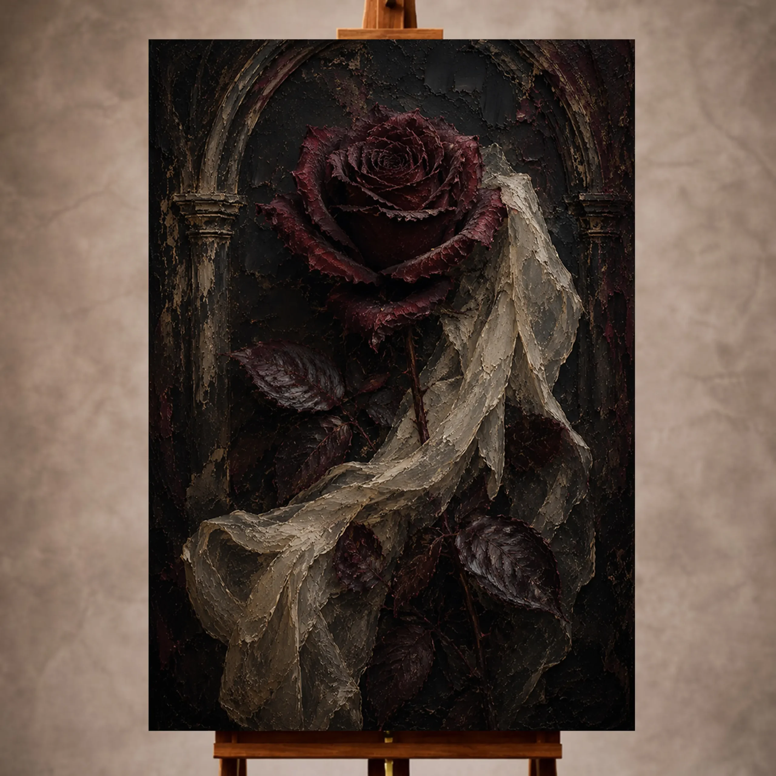 Premium Wall Art Dikey Html Edition – GOTICWALL037 Image 1 Burgundy and ivory poetic Dark Rose Wall Art print for elegant interiors. No text or watermarks in design.