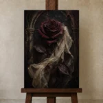 Burgundy & Ivory Dark Rose Gothic Wall Art Canvas Print displayed on a studio easel