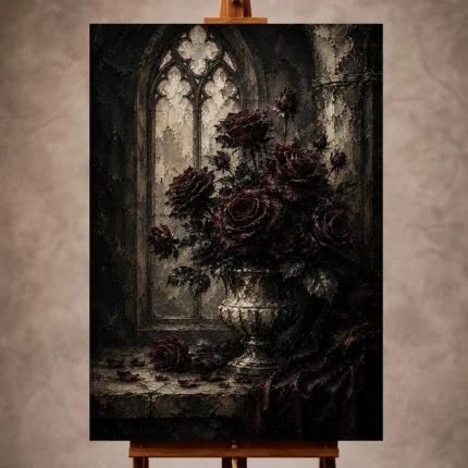 Burgundy and charcoal romantic Dark Rose Wall Art print for elegant interiors. No text or watermarks in design.