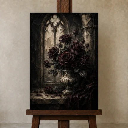 Burgundy & Charcoal Dark Rose Gothic Wall Art Canvas Print shown in Studio Easel