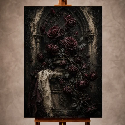 Burgundy and deep plum dramatic Dark Rose Wall Art print for elegant interiors. No text or watermarks in design.