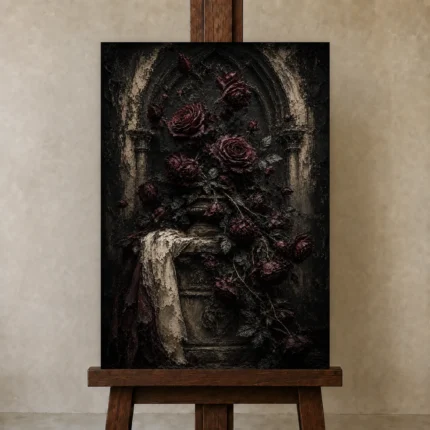 Burgundy & Deep Plum Dark Rose Gothic Wall Art Canvas Print shown in Studio Easel