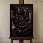 Burgundy & Ivory Dark Rose Wall Art Canvas Print displayed on a studio easel
