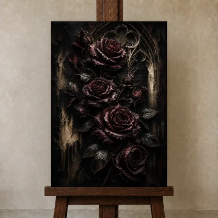 Burgundy & Ivory Dark Rose Wall Art Canvas Print shown in Studio Easel
