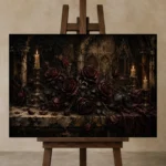 Burgundy & Deep Wine Dark Rose Wall Art Canvas Print displayed on a studio easel