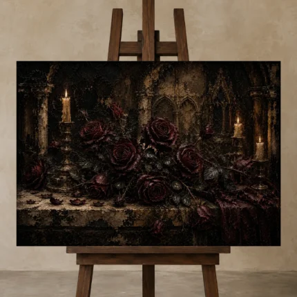 Burgundy & Deep Wine Dark Rose Wall Art Canvas Print shown in Studio Easel