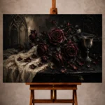 Burgundy and charcoal Dark Rose Wall Art print for elegant interiors. No text or watermarks in design.
