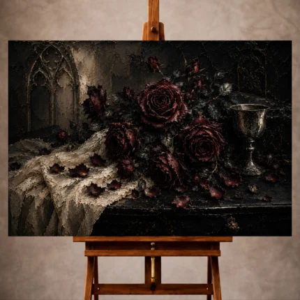 Burgundy and charcoal Dark Rose Wall Art print for elegant interiors. No text or watermarks in design.