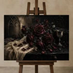 Burgundy & Charcoal Dark Rose Wall Art Canvas Print displayed on a studio easel
