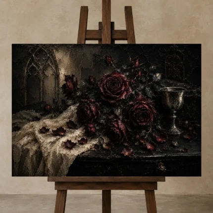 Burgundy & Charcoal Dark Rose Wall Art Canvas Print shown in Studio Easel