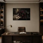 Burgundy & Charcoal Dark Rose Wall Art Canvas Print displayed in a contemporary gallery-inspired room