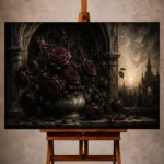 Burgundy and muted plum atmospheric Dark Rose Wall Art print for elegant interiors. No text or watermarks in design.