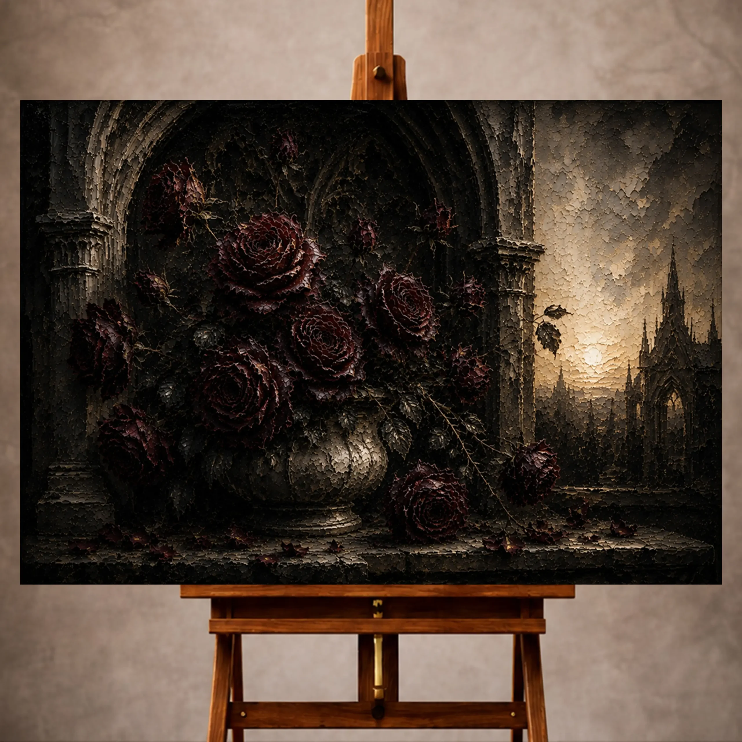 Premium Wall Art Yatay Html Edition – GOTICWALL043 Image 1 Burgundy and muted plum atmospheric Dark Rose Wall Art print for elegant interiors. No text or watermarks in design.