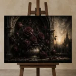 Burgundy & Muted Plum Dark Rose Gothic Wall Art Canvas Print displayed on a studio easel