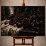 Burgundy and soft espresso romantic Dark Rose Wall Art print for elegant interiors. No text or watermarks in design.