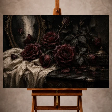 Burgundy and soft espresso romantic Dark Rose Wall Art print for elegant interiors. No text or watermarks in design.