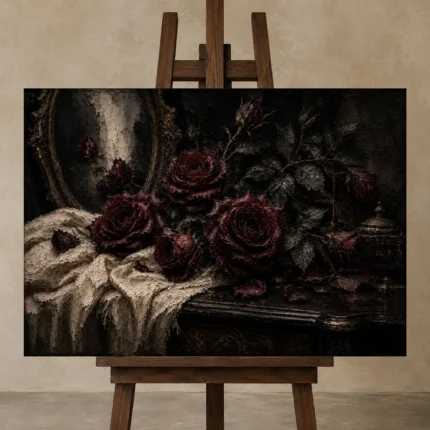 Burgundy & Soft Espresso Dark Rose Wall Art Canvas Print shown in Studio Easel