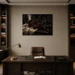 Burgundy & Soft Espresso Dark Rose Wall Art Canvas Print displayed in a contemporary gallery-inspired room