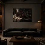 Burgundy & Soft Espresso Dark Rose Wall Art Canvas Print shown in a warm modern interior