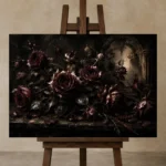 Burgundy & Smoky Brown Dark Rose Gothic Wall Art Canvas Print displayed on a studio easel