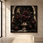 Burgundy and ivory moody Dark Rose Wall Art print for elegant interiors. No text or watermarks in design.