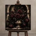 Burgundy & Ivory Dark Rose Gothic Wall Art Canvas Print displayed on a studio easel