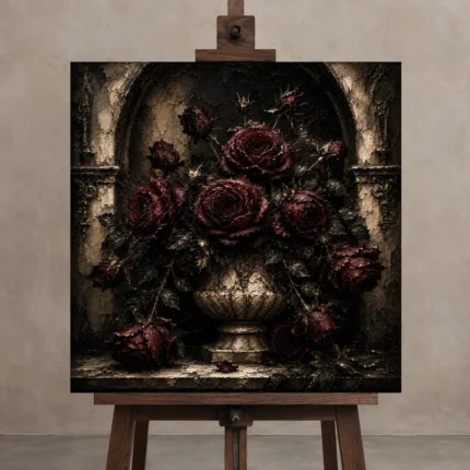 Burgundy & Ivory Dark Rose Gothic Wall Art Canvas Print shown in Studio Easel