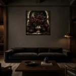 Burgundy & Ivory Dark Rose Gothic Wall Art Canvas Print shown in a warm modern interior