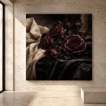 Burgundy and ivory candlelit Dark Rose Wall Art print for elegant interiors. No text or watermarks in design.