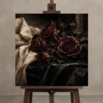Burgundy & Ivory Candlelit Dark Rose Wall Art Canvas Print displayed on a studio easel