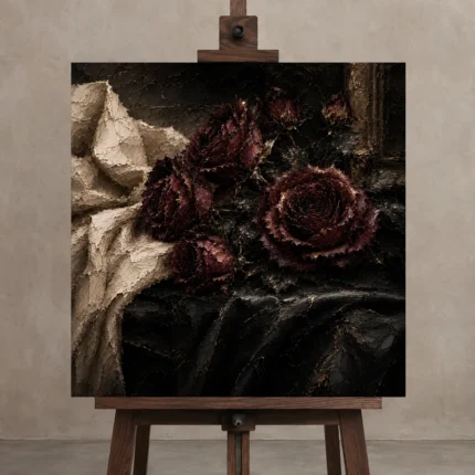 Burgundy & Ivory Candlelit Dark Rose Wall Art Canvas Print shown in Studio Easel