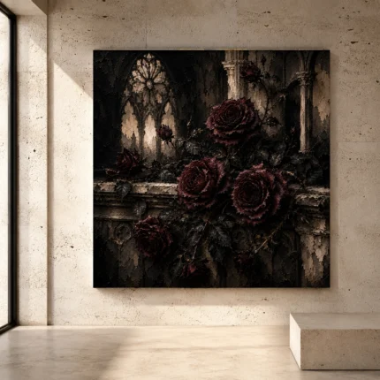 Burgundy and ivory contemplative Dark Rose Wall Art print for elegant interiors. No text or watermarks in design.