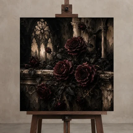 Burgundy & Ivory Stone Dark Rose Gothic Wall Art Canvas Print shown in Studio Easel