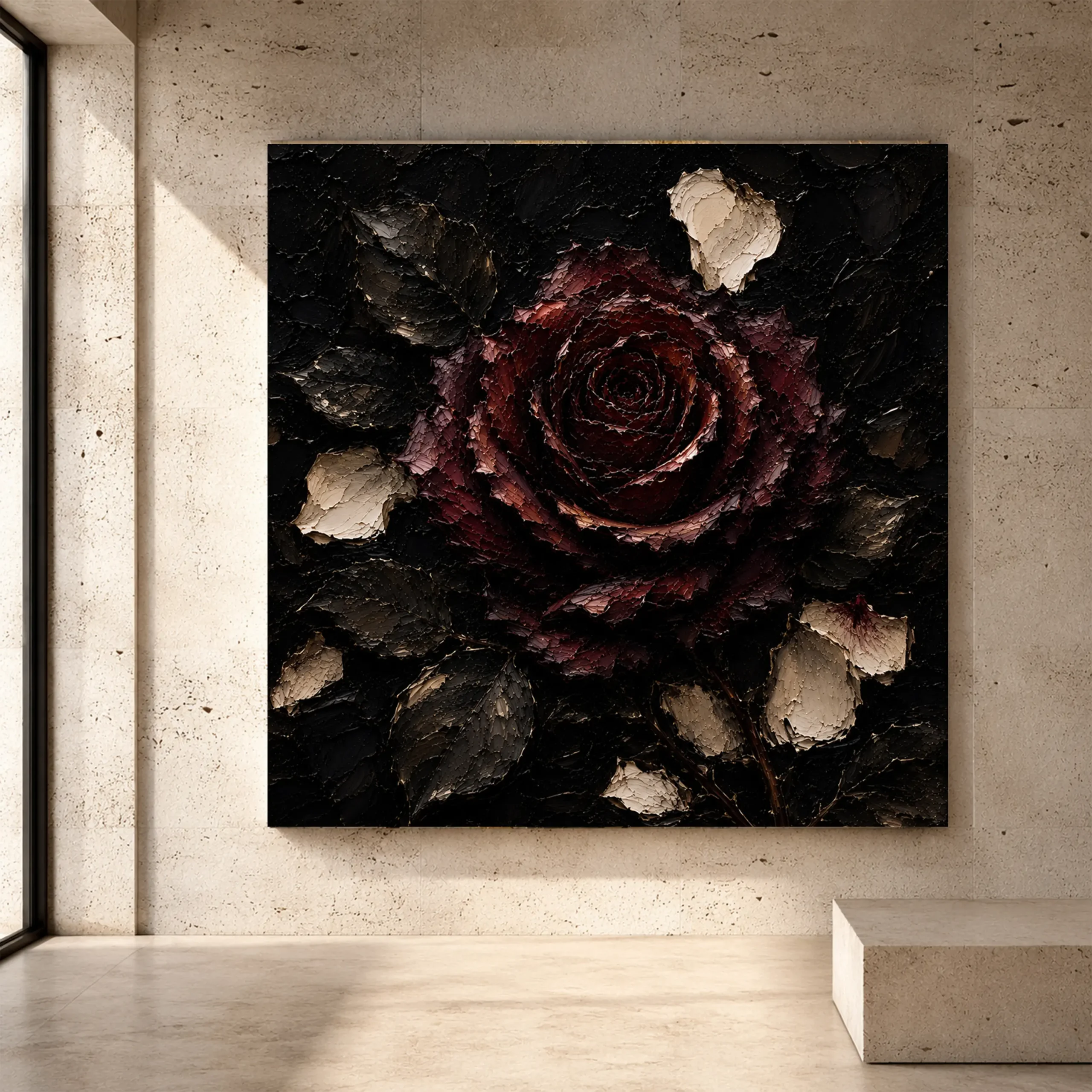 Premium Wall Art Kare Html Edition – GOTICWALL049 Image 1 Burgundy and ivory cinematic Dark Rose Wall Art print for elegant interiors. No text or watermarks in design.