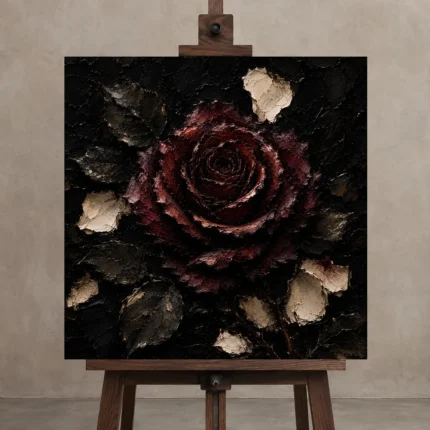 Burgundy & Ivory Single Rose Dark Rose Wall Art Canvas Print shown in Studio Easel