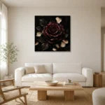 Burgundy & Ivory Single Rose Dark Rose Wall Art Canvas Print styled in a refined neutral interior