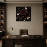 Burgundy & Ivory Single Rose Dark Rose Wall Art Canvas Print displayed in a contemporary gallery-inspired room