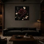 Burgundy & Ivory Single Rose Dark Rose Wall Art Canvas Print shown in a warm modern interior