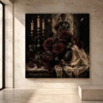 Burgundy and ivory dramatic Dark Rose Wall Art print for elegant interiors. No text or watermarks in design.