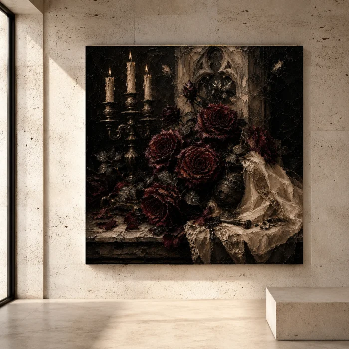 Burgundy and ivory dramatic Dark Rose Wall Art print for elegant interiors. No text or watermarks in design.