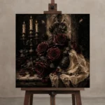 Burgundy & Ivory Ceremonial Dark Rose Wall Art Canvas Print displayed on a studio easel