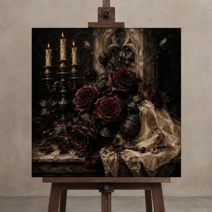 Burgundy & Ivory Ceremonial Dark Rose Wall Art Canvas Print shown in Studio Easel