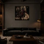 Burgundy & Ivory Ceremonial Dark Rose Wall Art Canvas Print shown in a warm modern interior