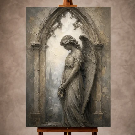 Stone and ivory Angel Statue Wall Art print for elegant interiors. No text or watermarks in design.
