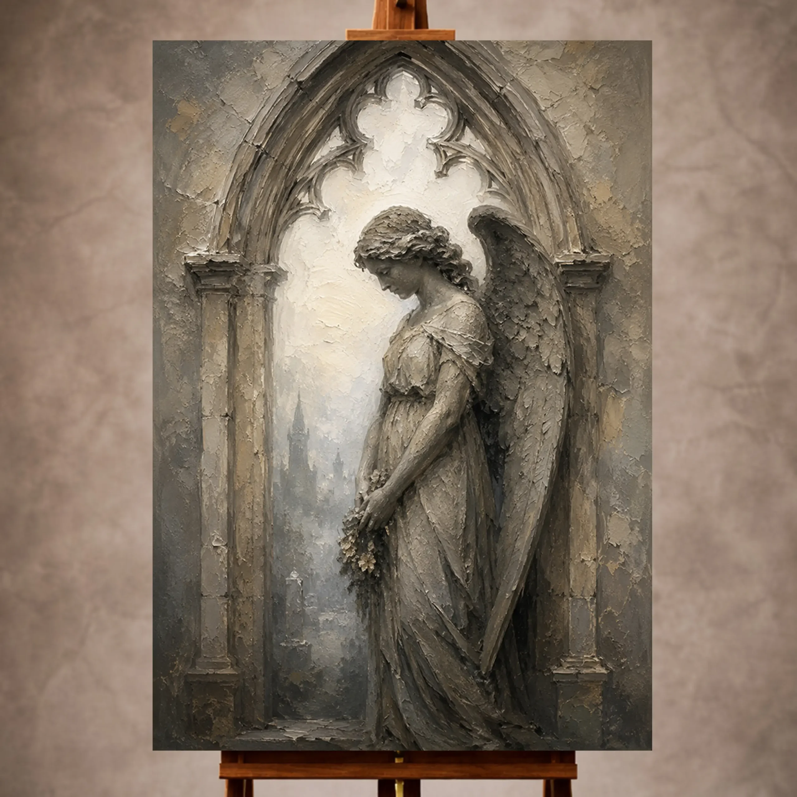 Premium Wall Art Dikey Html Edition – GOTICWALL051 Image 1 Stone and ivory Angel Statue Wall Art print for elegant interiors. No text or watermarks in design.