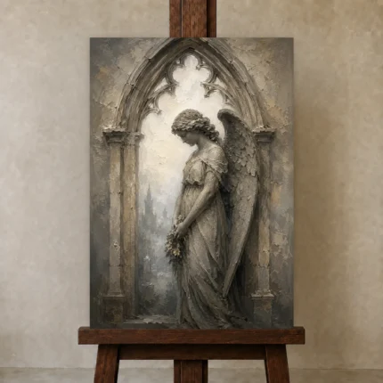 Stone & Ivory Angel Statue Gothic Wall Art Canvas Print shown in Studio Easel