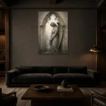 Stone & Ivory Angel Statue Gothic Wall Art Canvas Print shown in a warm modern interior