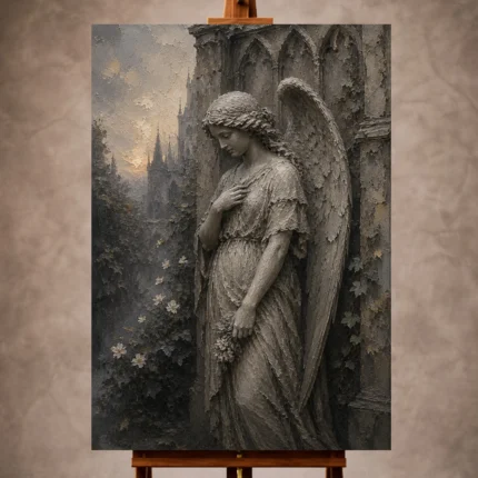 Stone gray Angel Statue Wall Art print for elegant interiors. No text or watermarks in design.