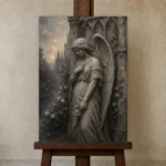 Stone Gray Angel Statue Gothic Wall Art Canvas Print displayed on a studio easel